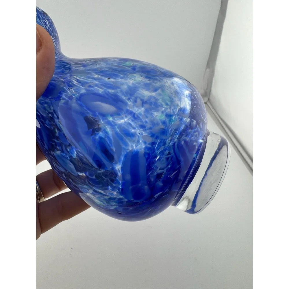 Blue Art Glass Vase Swirl‎ Design Round Home Decor Unique Small Vase